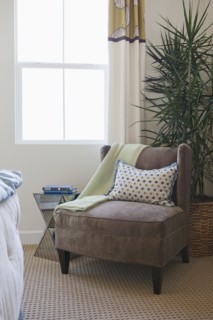 Armchair with house plant by window at home