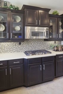 Wooden cabinets in domestic kitchen