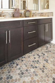 Brown cabinets in domestic bathroom