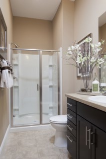 Water closet and shower glass in domestic bathroom