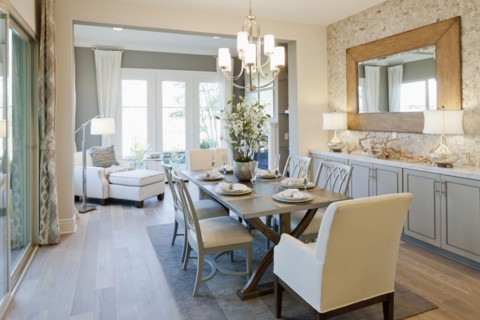 Open plan of dining area and seating area