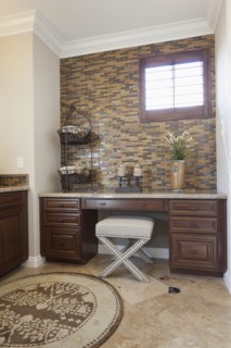 Stool at sideboard in domestic bathroom