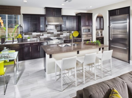 Breakfast bar island in domestic kitchen