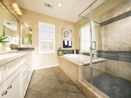Bathtub and glass shower in bathroom