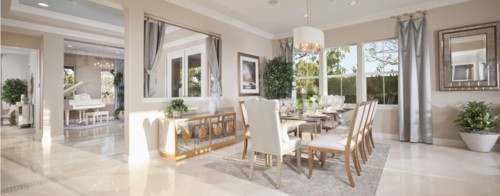 Dining room with piano in the background at a spacious house