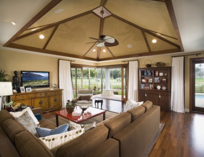 Living room with pocket doors open to patio