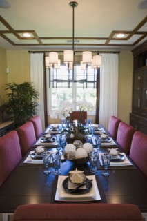 View down contemporary dining table with place settings