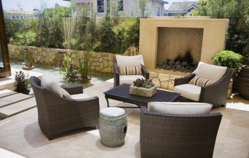 Outdoor sitting area with fireplace