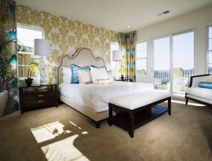Bedroom with printed wall paper