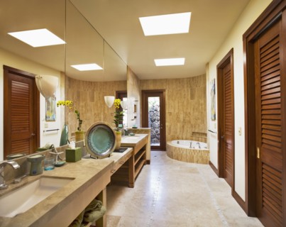 Large master bathroom with long vanity
