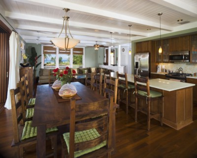 Interior of a dining room and kitchen
