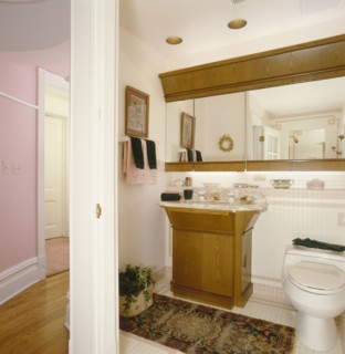 Commode with pedestal sink at mirror in the bathroom
