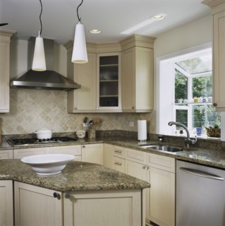 Granite counters in kitchen with triangle work area