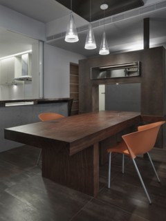 View through cut out of modern dining table