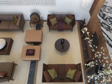 Aerial view of contemporary living room with sitting area