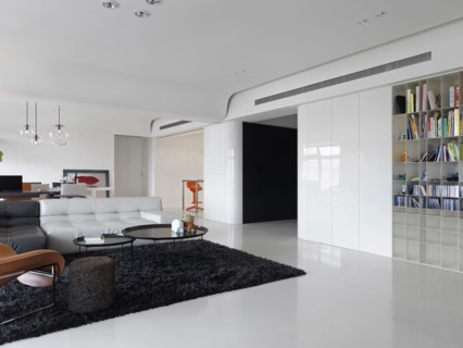 Large modern living room with black shag rug