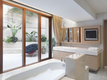 Modern bathroom with outdoor patio