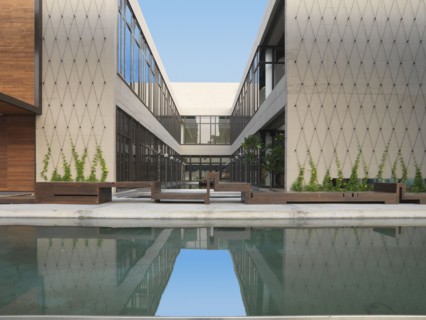 Reflecting pool outside of modern building