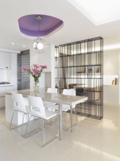 Modern kitchen and office with wire bookcase partition