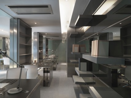 Modern work space with row of desks