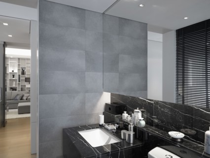 Modern bathroom with black and white marble sink