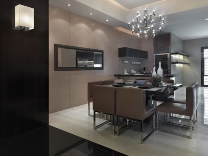 Modern dining room with elegant chandelier