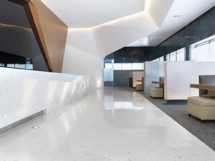 Reception area with white tile floor