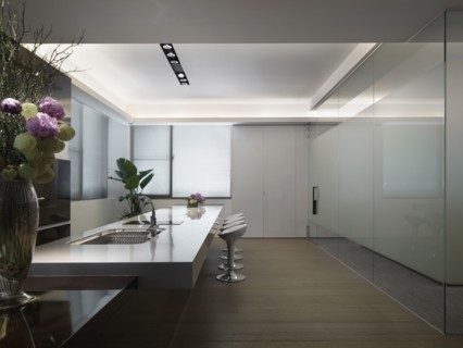 Modern kitchen with long countertop