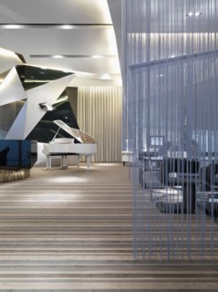 Modern interior with striped carpet