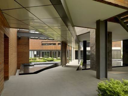 Walkway beneath modern building