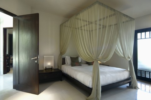 Master bedroom with bed drapes