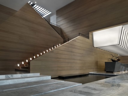 Large contemporary staircase with recessed guide lights