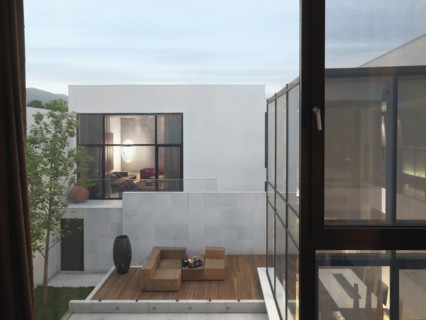 View of exterior of modern home and deck