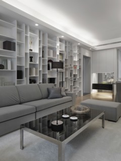 Modern living room with wall length bookcase