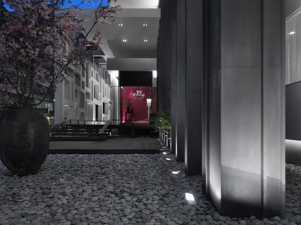 Gray stones along modern building