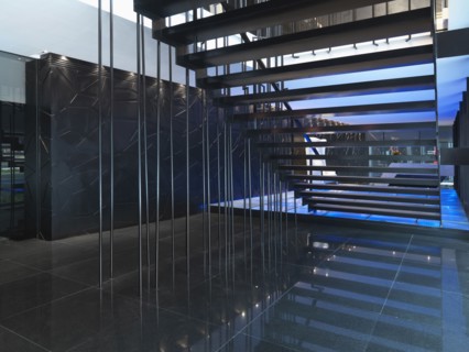 View from beneath modern staircase