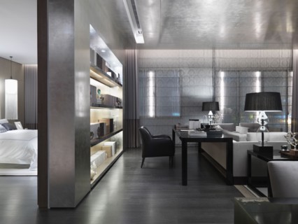 Modern living room with desk and wall unit bookcase