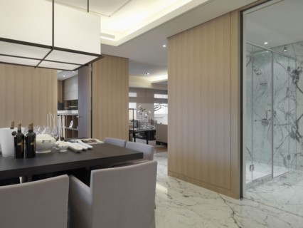 Dining table in modern interior with marble floors