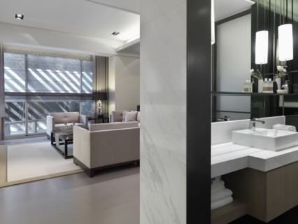 View in living and bathroom in modern home