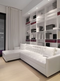 White sofa in front of wall bookcase