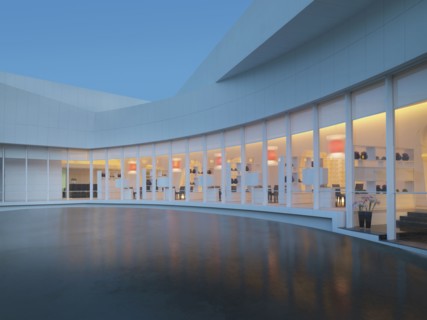 Pool outside of modern building at dusk