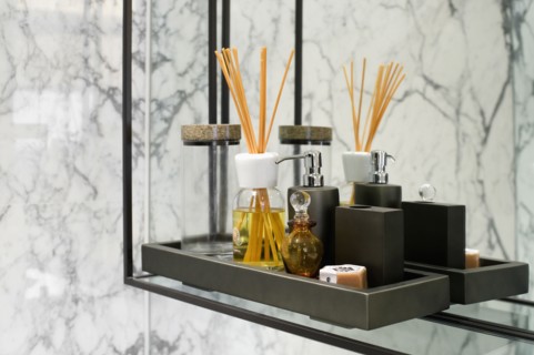 Bath products and incense on shelf