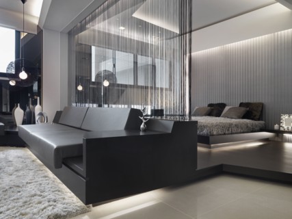 Bench outside modern bedroom