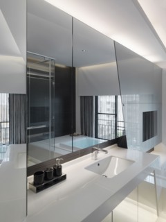Sink built in to countertop in modern bathroom