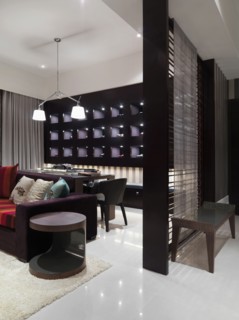 Contemporary living room with marble floors