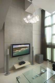 Interior view of modern living room with glass table