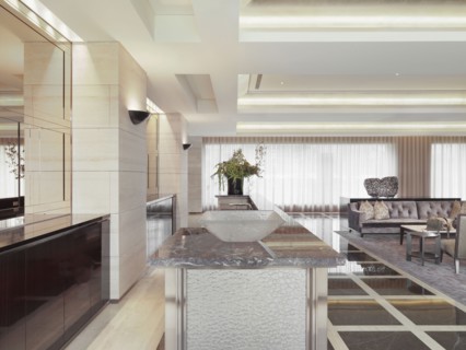 Countertop in lobby with recessed lights