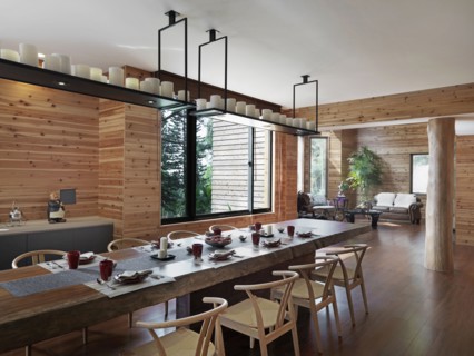 Large wooden dining table in cabin home