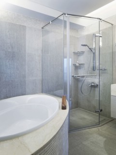 Bathtub and glass shower in modern bathroom