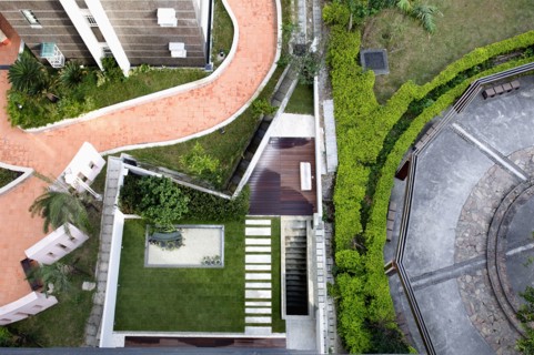 Aerial view landscaping and walkways